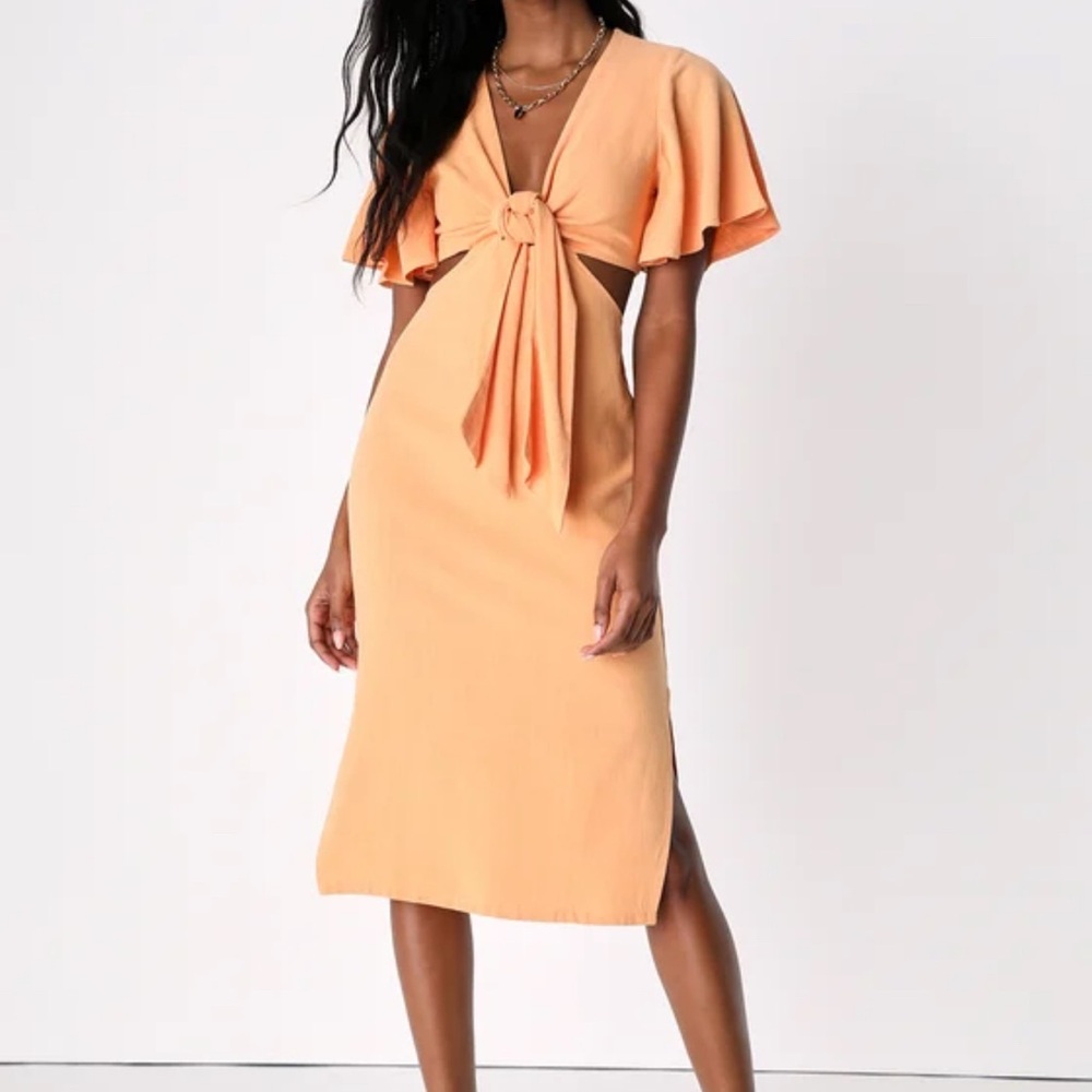 Lulu's Orange Ruffled Tie Front Midi Dress